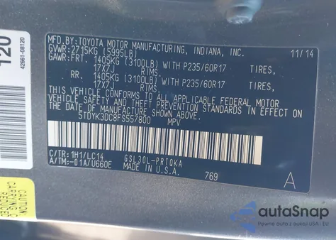 2015 Toyota Sienna Xle Premium 8 Passenger z USA, uszkodzony, nr VIN 5TDYK3DC8FS557800